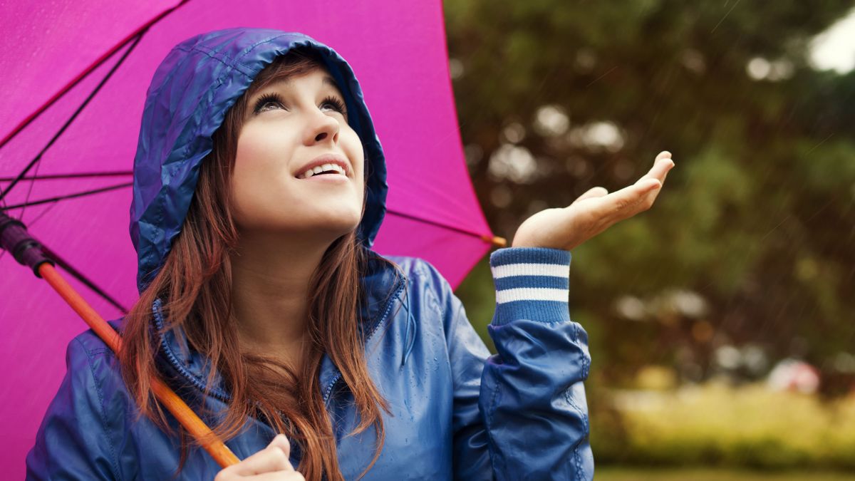 Beautiful,Young,Woman,In,Raincoat,With,Umbrella,Checking,For,Rain