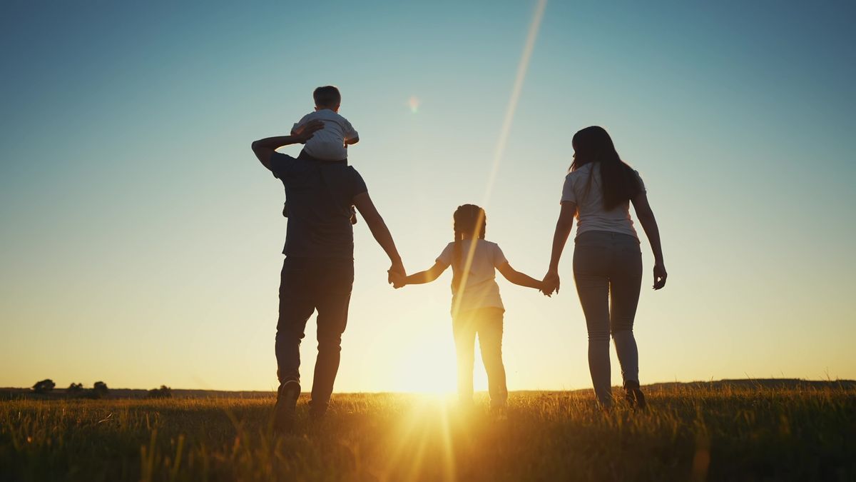 People,In,The,Park.,Happy,Family,Walking,Silhouette,At,Sunset.