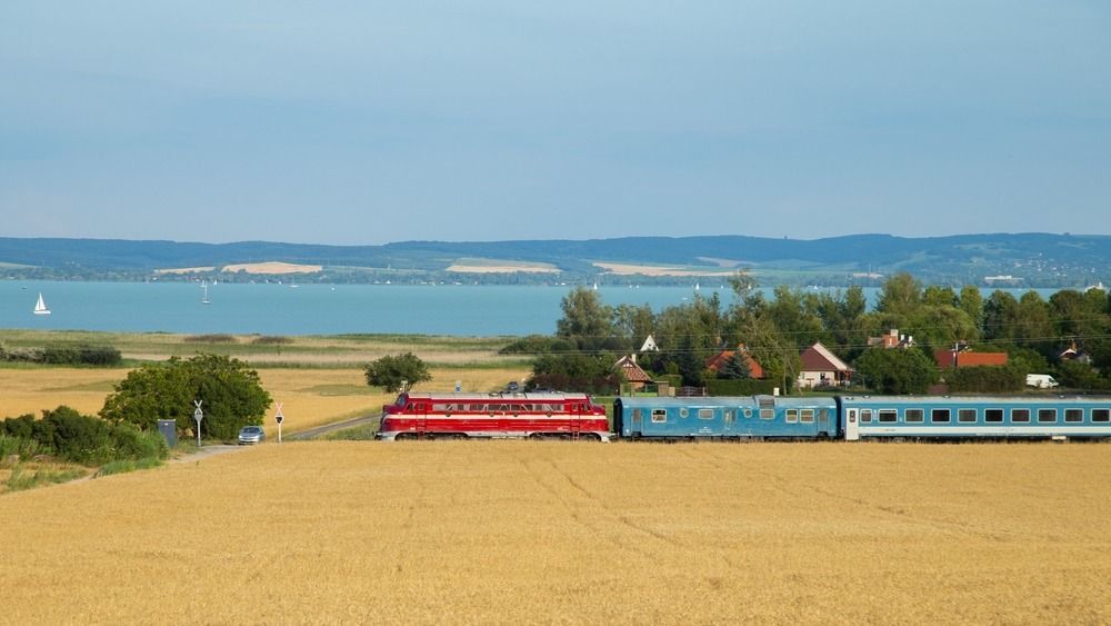 Békéscsaba-Balaton, Traing,Passing,Balaton,Lake,In,The,Background
