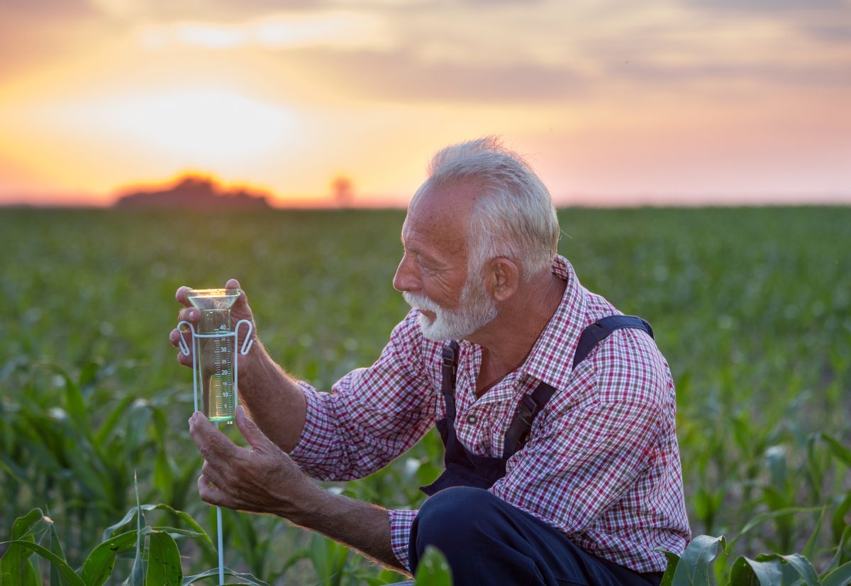 Senior,Farmer,Squatting,Beside,Rain,Gauge,In,Corn,Field,At